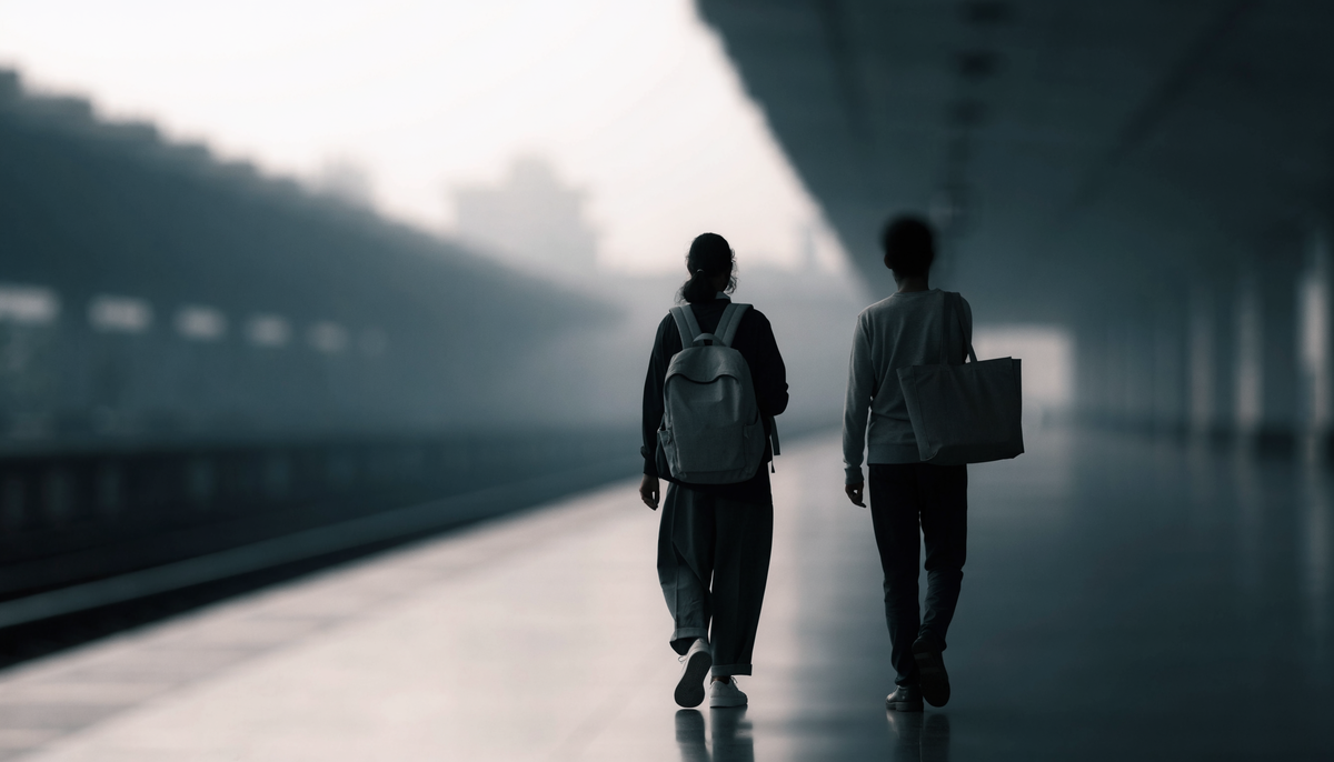 Two commuters on an Indian metro platform at dawn, one carrying a backpack and one a structured tote