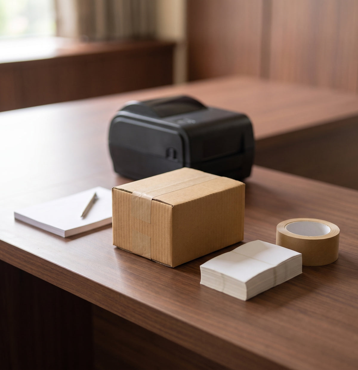 A taped cardboard parcel beside a label printer, a stack of blank labels and a roll of paper tape on the desk at the hybeks office.