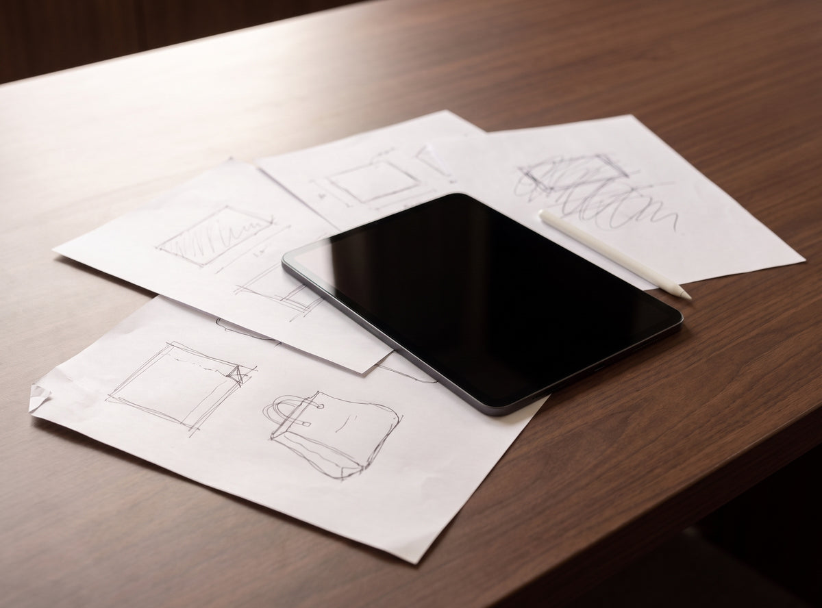 Pencil sketches of bag shapes on loose sheets of paper, with a tablet and stylus, on the walnut desk at the hybeks office.