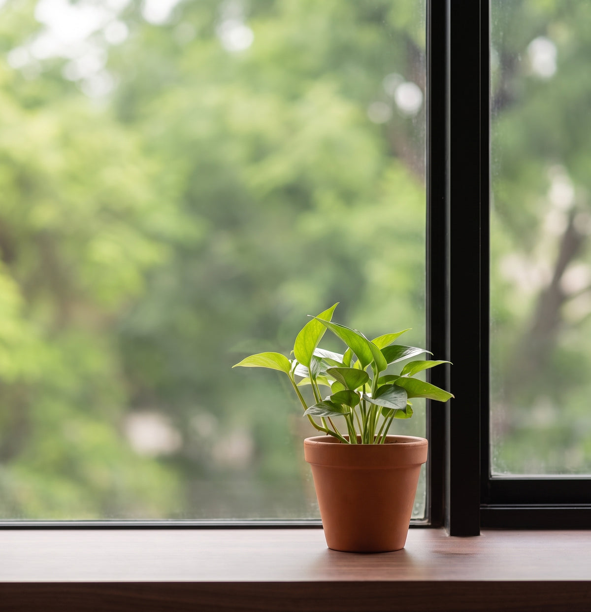 A small pothos in a terracotta pot on the window sill at the hybeks office, with trees outside.