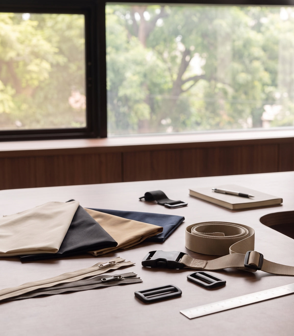Nylon shell fabric in cream, black, tan and navy with zip tapes, webbing, buckles and ladder-locks laid out on the desk at the hybeks office.