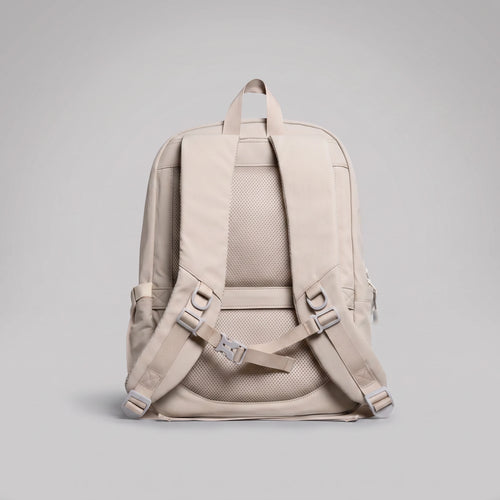 hybeks Drift Backpack in Morning Fog, back panel and padded shoulder straps.