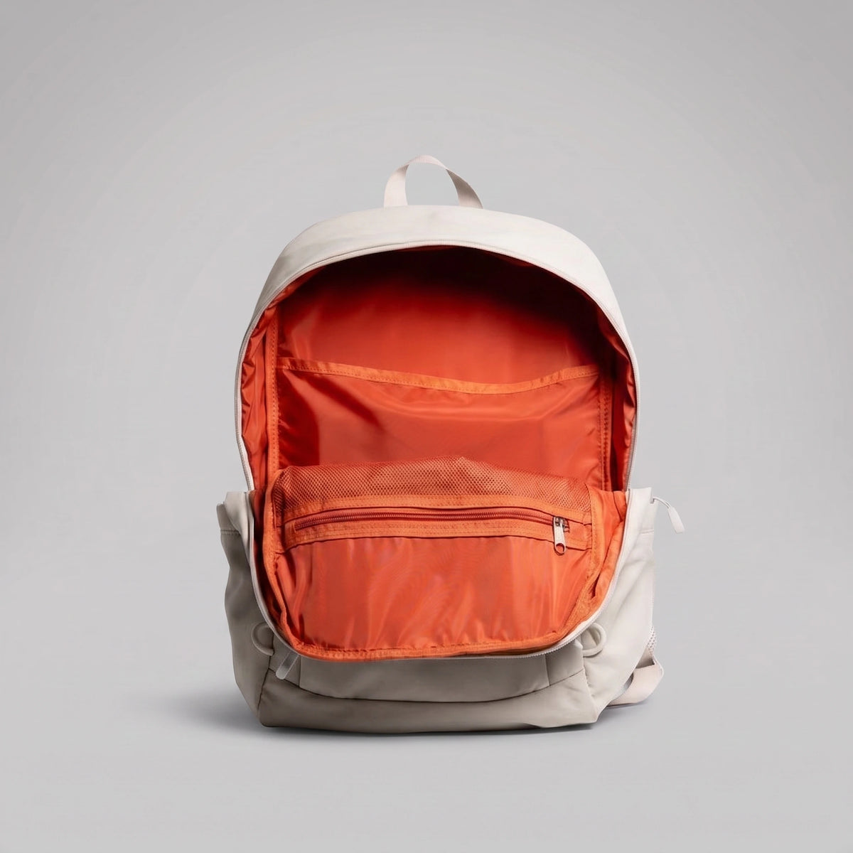 hybeks Drift Backpack in Morning Fog, main compartment open.