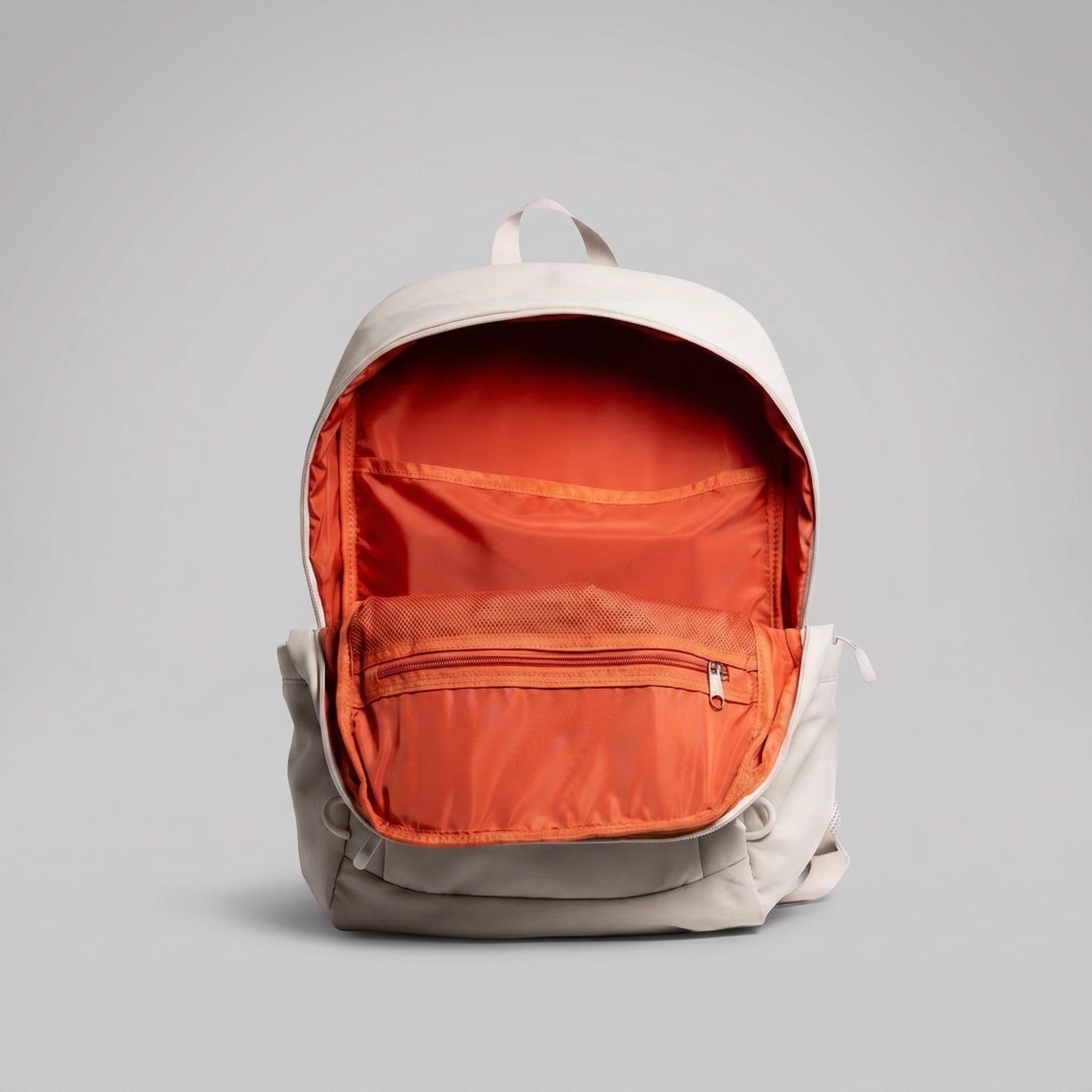 hybeks Drift Backpack in Morning Fog, main compartment open.